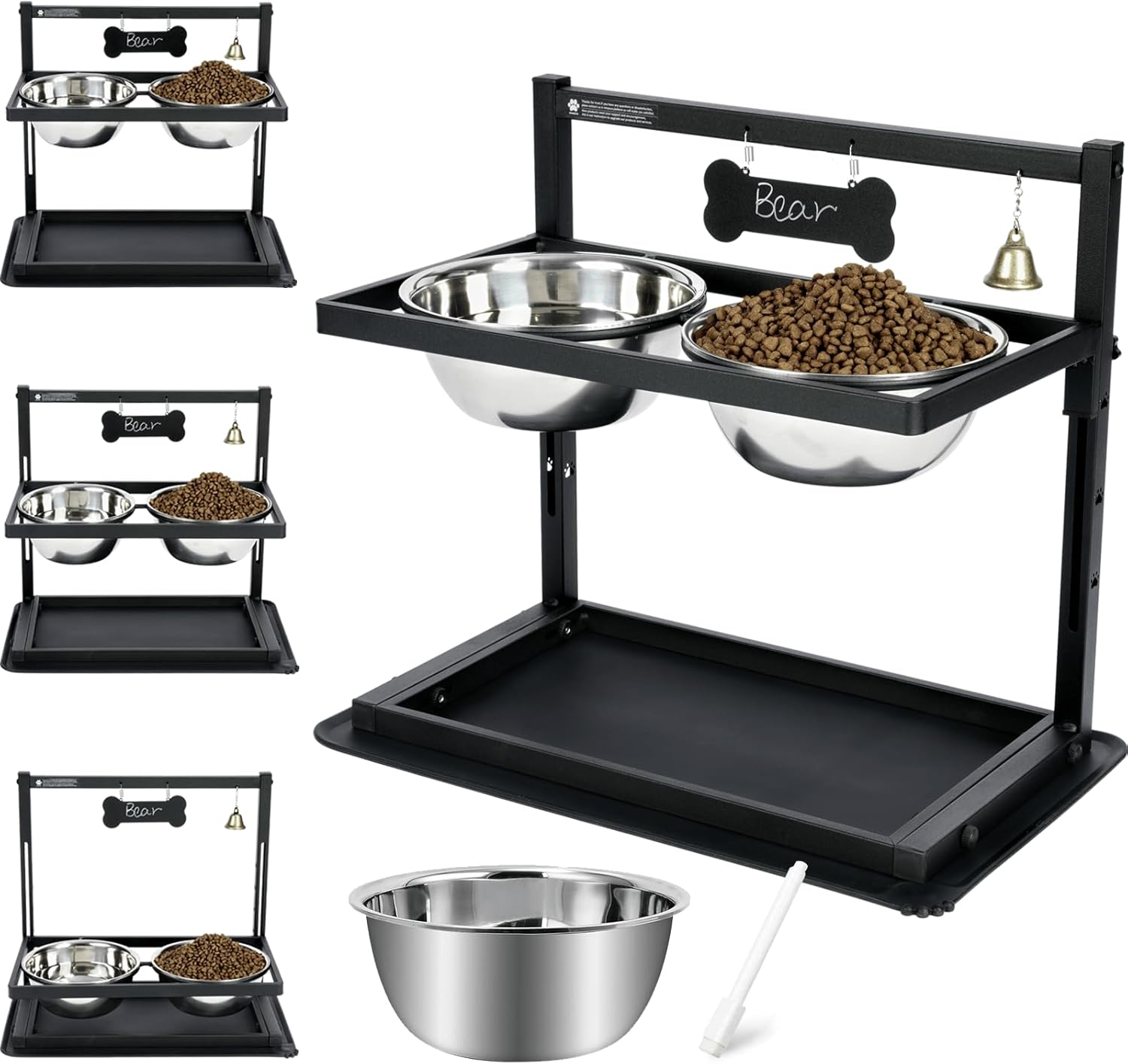 SHAINFUN Elevated / Raised Dog Bowls Stand Adjusable Height with Two 1.7L Stainless Steel Food Bowls and Spill Proof Mat, for Large and Medium Dogs.